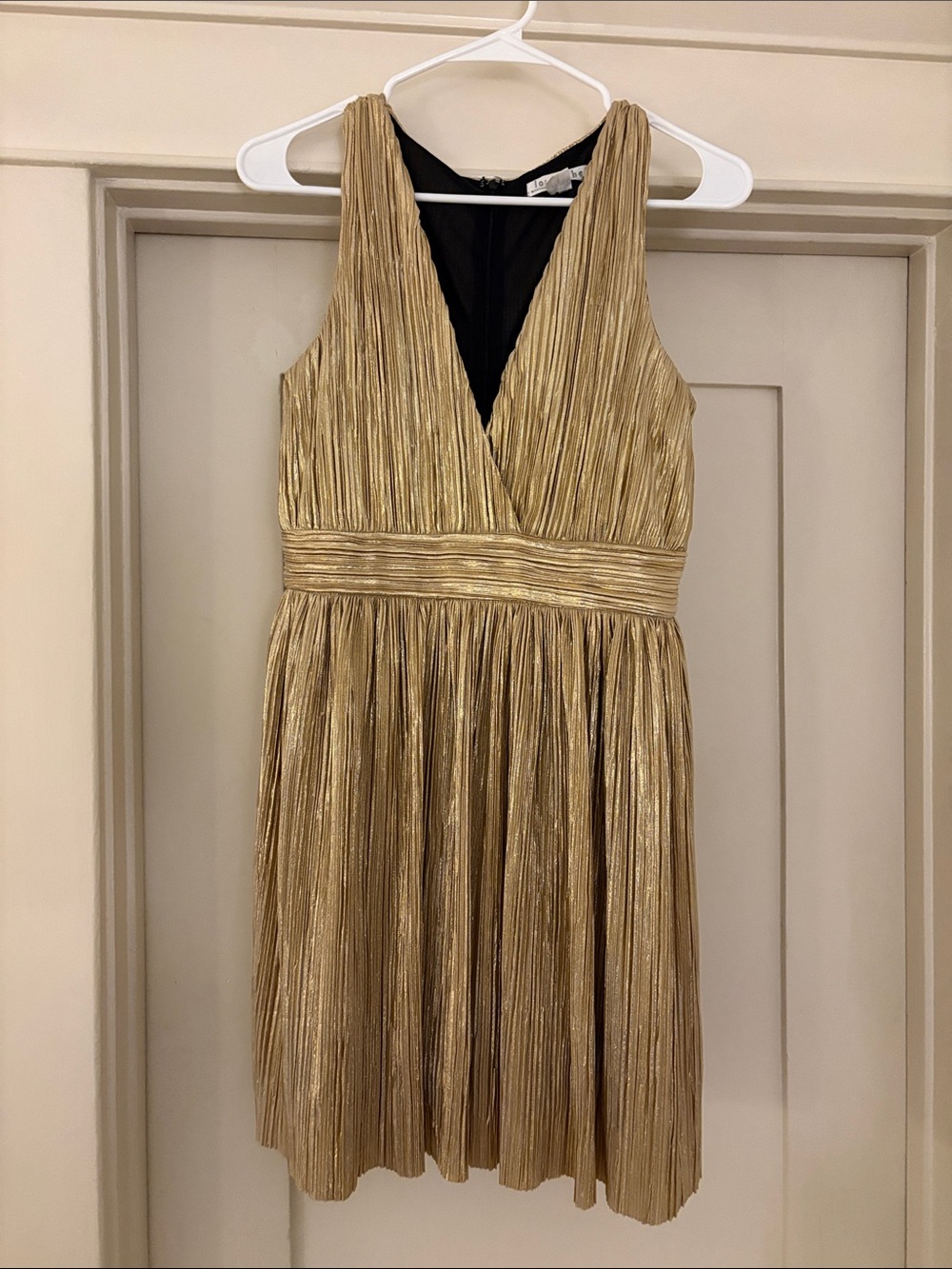 Love Riche Metallic Gold Pleated V-Neck Mini Dress